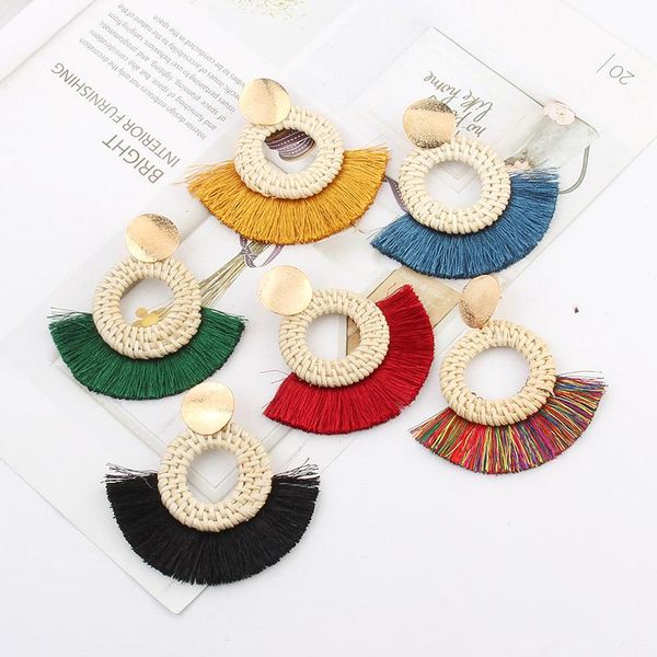 

style fashion simple hand-knitted rattan round cutout pendant earrings exquisite women's tassel charm accessories dangle & chandelier, Silver