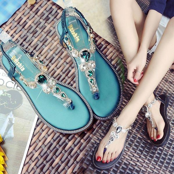 

sandals summer style 2021 flat bottom fashion ladies rhinestone women's outdoor beach designer shoes, Black