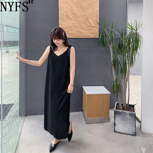 

casual dresses nyfs 2021 korean fashion loose woman dress vestidos robe elbise black chiffon sling summer, Black;gray