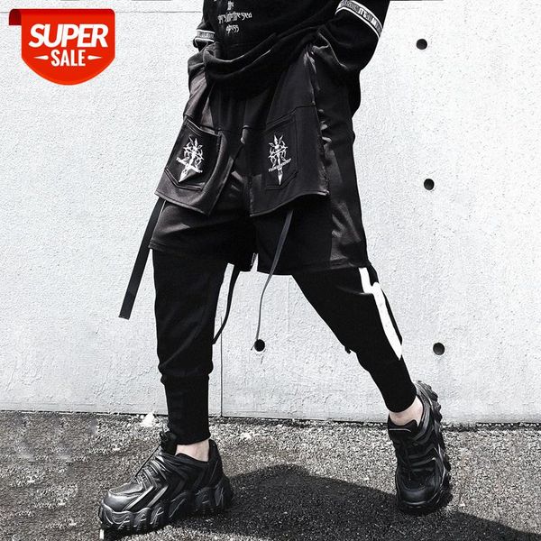 

dark functional wind streamer trousers with ankle feet fake two punk harem pants male youth multi-pocket sports cropped #io6f, Black