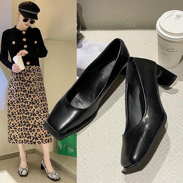 

dress shoes spring 2021 women's fashion snakeskin square headgear feet shallow heels for women, Black