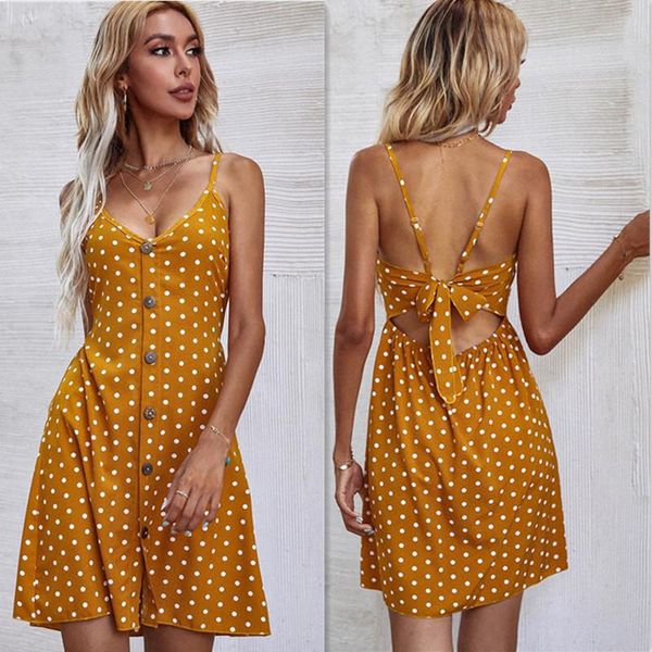 

casual dresses summer yellow strap mini dress polka dot print v neck button sleeve basic back bow tie sea beach holiday for women 2021, Black;gray