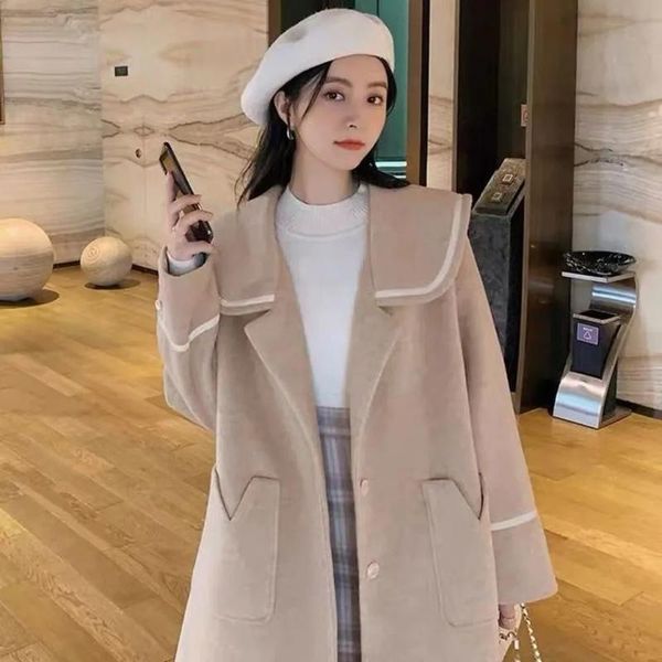 

women's wool & blends zoki elegant long coats women solid khaki sailor collar loose jackets all match lady outwear fashion 2021, Black