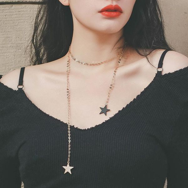 

gold color sequins long tassel star choker necklace accessories for women jewelry double layer chokers, Golden;silver