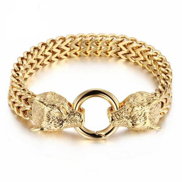 

link, chain rock viking wolf charm bracelet men's heavy stainless steel 22.5cm mesh gold lion skull punk bracelets biker jewelry, Black