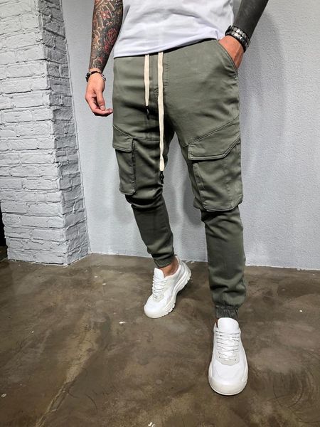 

men's pants muscle tide brand slim sports trousers fashion feet casual multi-pocket overalls bodybuilding sport running, Black