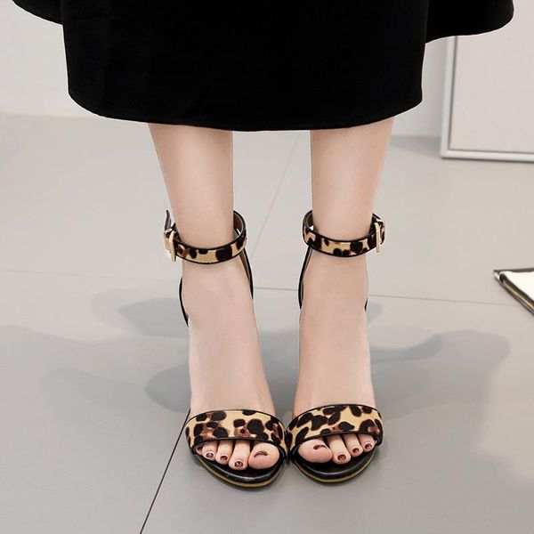 

summer european and american fashion leopard thick with sandals one button high heel fish mouth women's shoes, Black