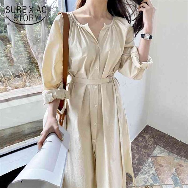 

women spring summer dresses fashion lace up casual buttons o-neck vintage oversize long dress apricot robe femme 13285 210421, Black;gray