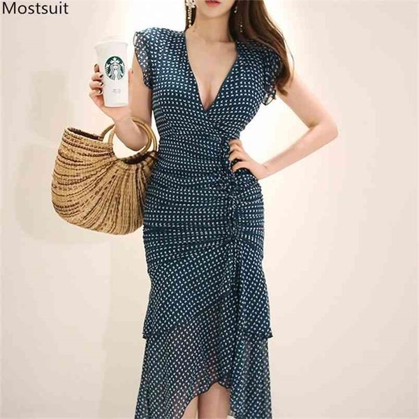 Sommer Elegante Lange Druck Chiffon Kleider Für Frauen Tiefem V-ausschnitt Ärmellose Sexy Kleider Koreanische Split Trompete Meerjungfrau 210513