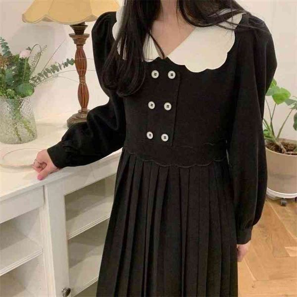 

casual dresses fenimine vestidos women fashion long sleeve patchwork white peter pan collar double breasted button black pleated v, Black;gray