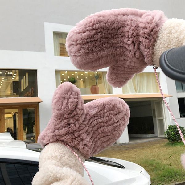 

five fingers gloves winter keep warm real fur knitted fashion natural rex mittens women s7708, Blue;gray