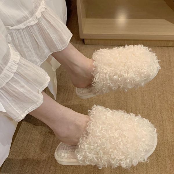 

faux wool fur slides slippers for women girl furry winter soft house bedroom slipper shoes woman mules, Black
