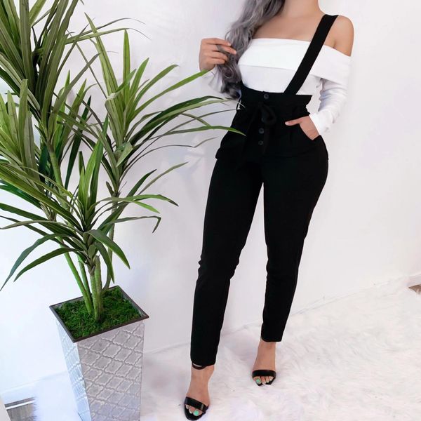 

autumn casual black pencil womens jumpsuit high waist pocket bow belt strap slim overalls elegant long jumpsuits women clubwears, Black;white