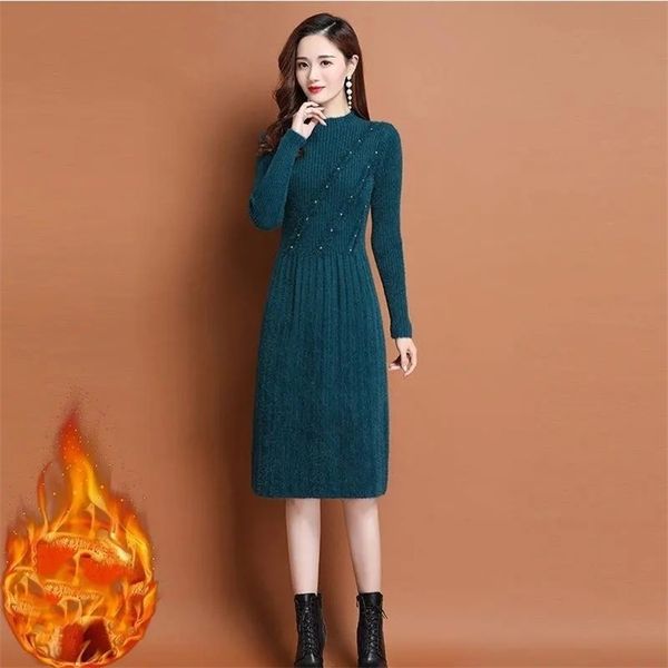

winter imitated mink knit sweater dres thicken warm plus velvet dresses korean soft knitwear party 211220, Black;gray