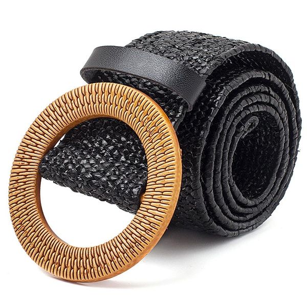 

belts straw wide belt female woven vintage round wooden buckle decorative dress shirt, Black;brown