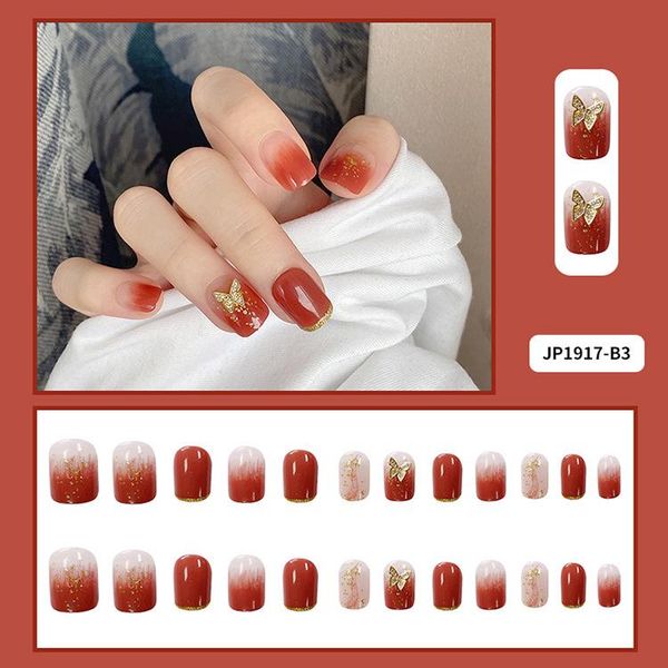 

false nails 24pcs butterfly nail patch gradient caramel color glue type removable short paragraph fashion manicure sk88, Red;gold