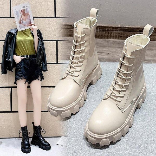 

boots platform woman shoes high heels shoe for women short tube thick with round head front tie 2021, Black