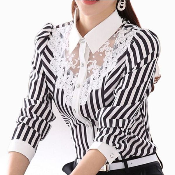 

women blouse long sleeve lace striped turn-down collar blouses official female formal shirt spring autumn, White
