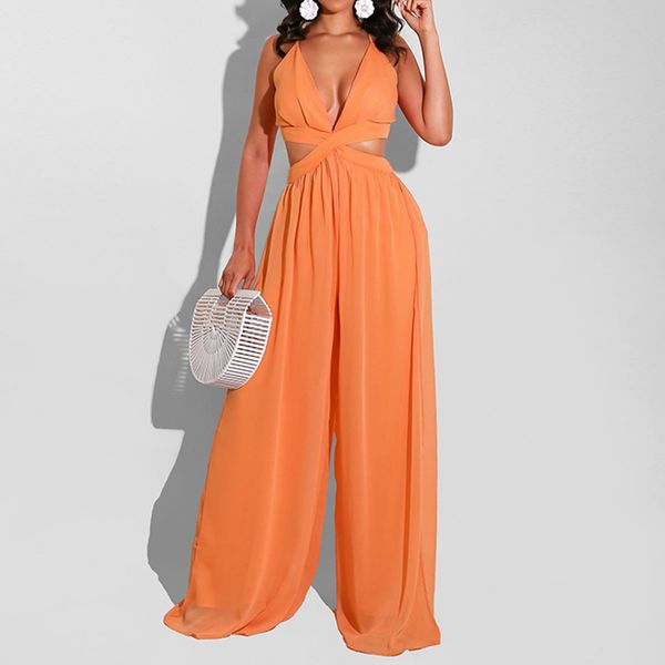 

women chiffon backless jumpsuits loose style hollow out long overalls elegant party club spaghetti straps jumpsuit 210521, Black;white