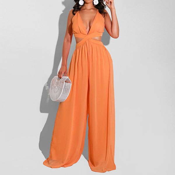 Mulheres Chiffon Backless Jumpsuits Solto Estilo Hollow Out macacão Elegante Party Club Spaghetti Correias Calçadas 210521