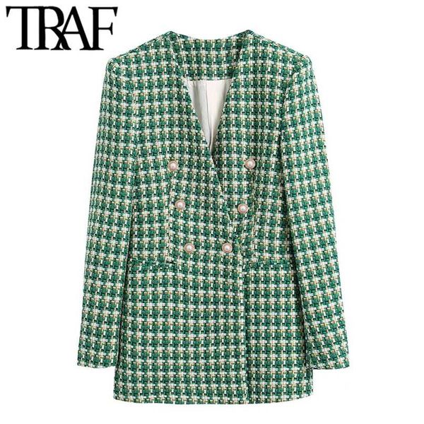 

traf women fashion double breasted tweed blazer coat vintage long sleeve welt pockets female outerwear chic veste femme 211019, White;black