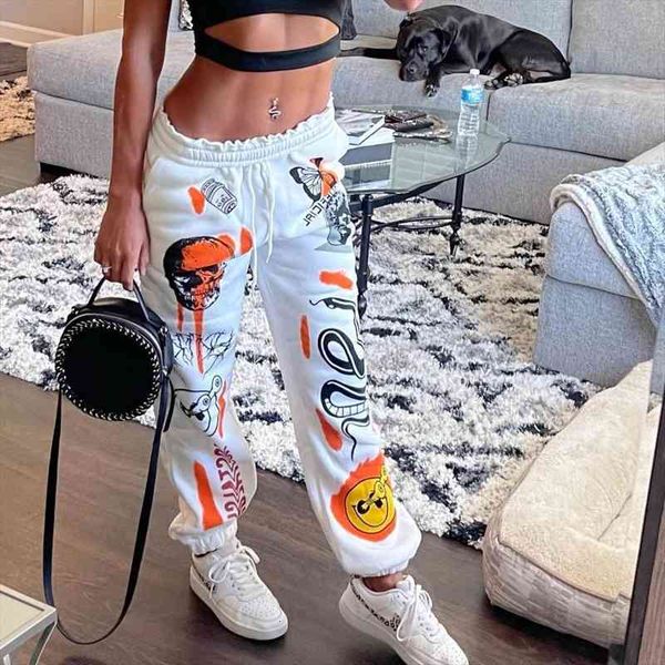 

autumn winter women sweat pants harajuku cartoon skull printed trousers jogger drawstring pant streetwear casual sweatpant, Black;white