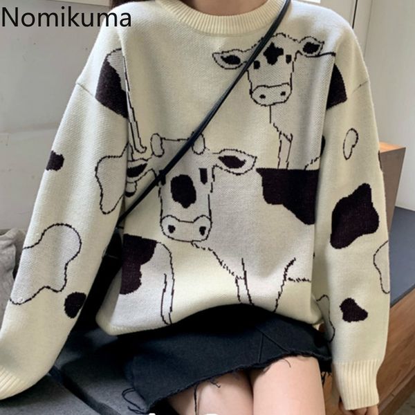 

nomikuma autumn knitted sweater women cow pattern o neck long sleeve pullover jumpers korean casual loose sueter mujer 3d276 210514, White;black