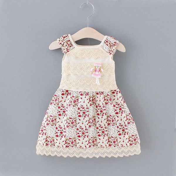 

girl's dresses #vw toddler kids baby girls dress summer a-line flower print lace ruffles patchwork princess brooch outfits, Red;yellow
