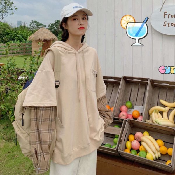 

cotton thin hooded sweater stitched plaid winter wear, Black