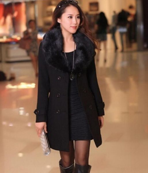 

women's wool & blends woman autumn women coat with fur winter coats jacket plus size 5xl 4xl, Black