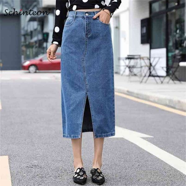 

plus size women denim skirt spring a-line autumn jeans front split long loose casual elastic wasit 210702, Black