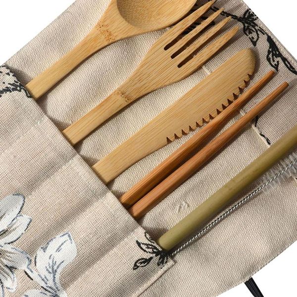 

flatware sets bamboo travel cutlery set fork knife spoon chopsticks straw portable carrying pouch with carabiner wooden utensils