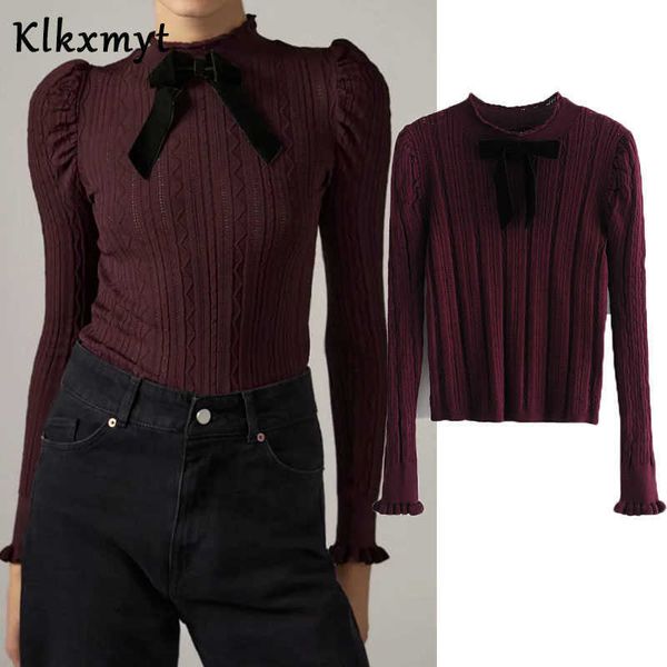 

klkxmyt za sweaters women fashion jacquard mesh knitted sweater vintage o neck bow long sleeve female pullovers chic 210527, White;black