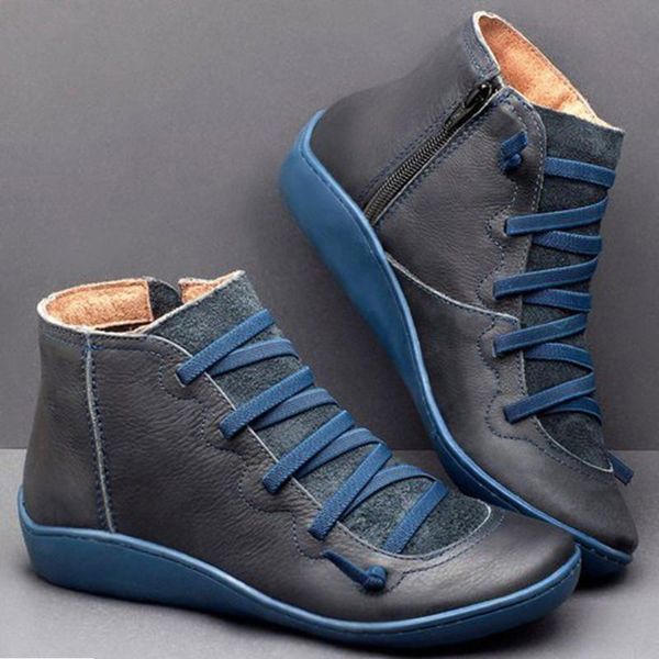 

boots 2021 women's casual flat leather retro lace-up side zipper round toe shoe ankle zapatos mujer wram botas, Black