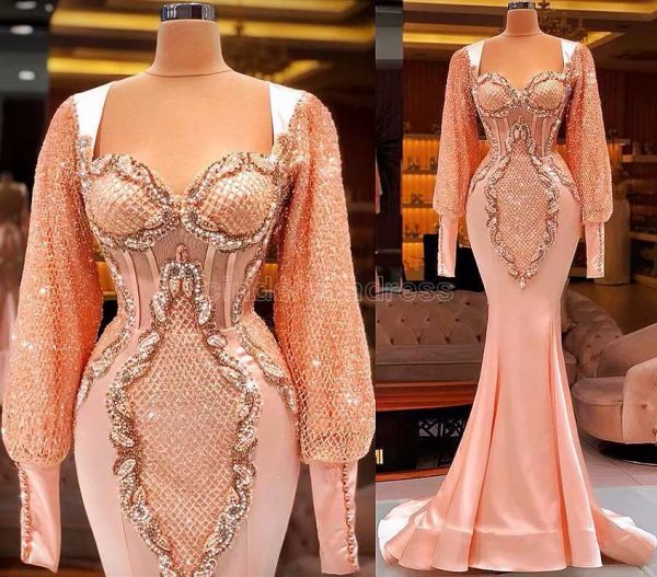 

2022 pink long sleeves prom dresses luxury beaded crystals floor length mermaid custom made evening celebrity party gown vestido de noche fo, Black