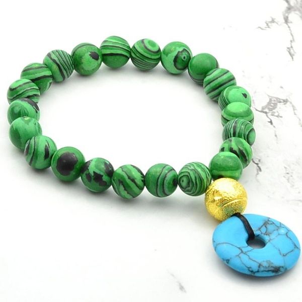 

charm bracelets handmade jewelry accessories trendy green peace buckle malachite beaded bracelet for fashion women gift 8mm, Golden;silver