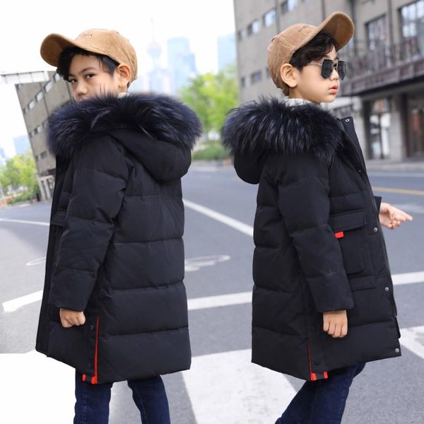 

teenage boy parkas children winter warm coat boy's down jacket long thick children's real fur 130-160, Blue;gray
