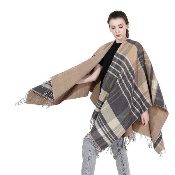

scarves women autumn winter scarf warmer shawl ladies plaid tassel blanket knit wrap cashmere poncho capes female echarpe, Blue;gray