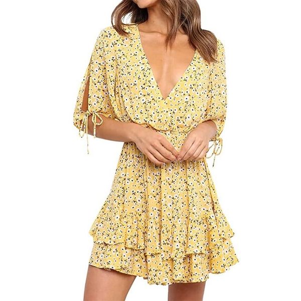 

summer yellow small floral dress v-neck casual mini skirt waist ruffle hem beach skirt, Black;red