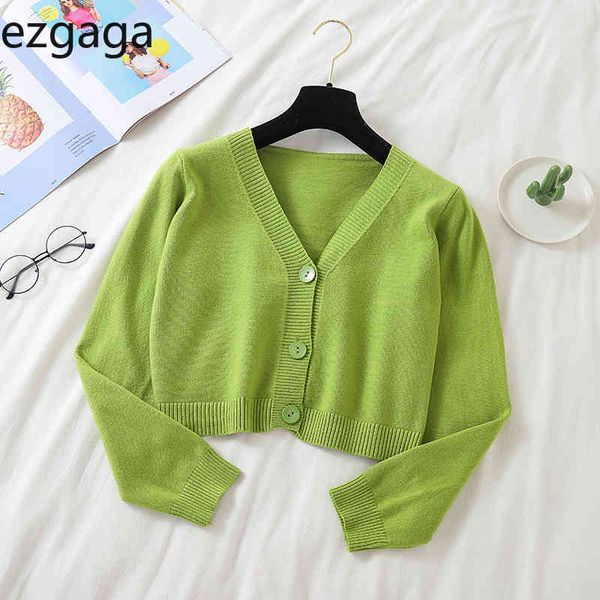 

ezgaga knitted cardigan women long sleeve v-neck loose thin sweater single breasted solid all-match fashion autumn clothes 210430, White