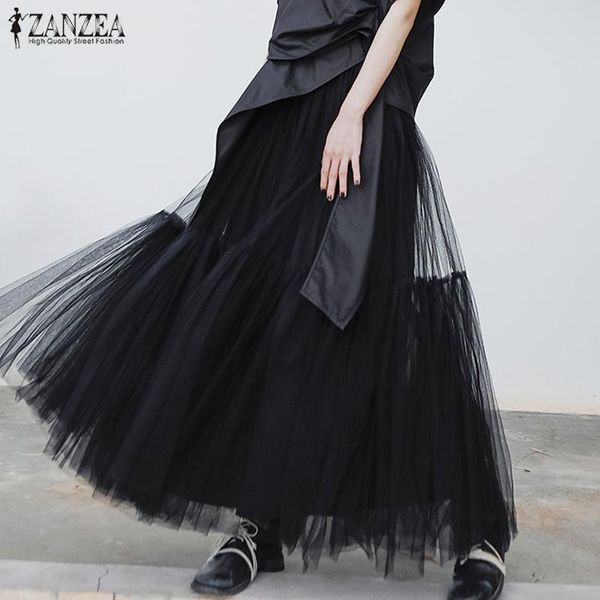 

skirts 2021 summer bohemian mesh zanzea solid tutu tulle skirt women high waist jupe beach party long faldas saia female, Black