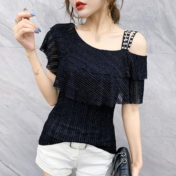 

women's t-shirt summer european clothes shiny skew collar rivet women ropa mujer fashion short sleeve stretchy tees, White
