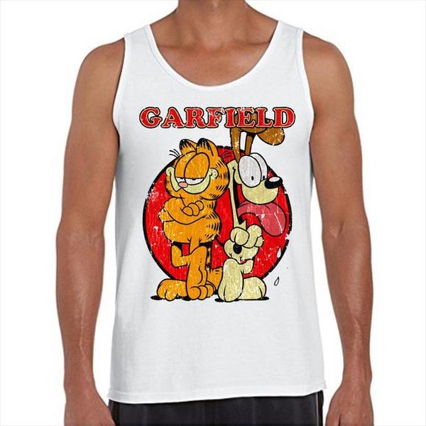 

funny odie garf printed men tank distressed garfield cool vest sleeveless tee o neck, White;black