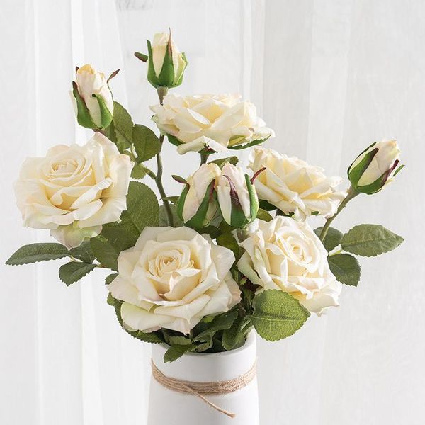 

decorative flowers & wreaths 47cm white rose artificial bouquet silk big flower head with bud autumn home wedding decoration fall fake branc