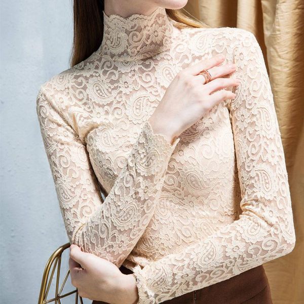 

women's spring autumn style lace shirt embroidery long sleeve solid color turtleneck elegant slim sp8687 blouses & shirts, White