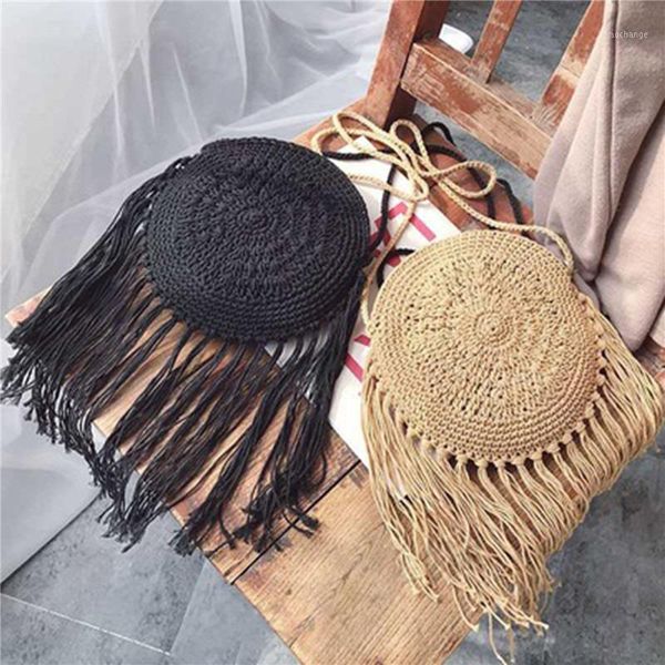 

evening bags vintage fashion round hand-woven woman shoulder bag summer travel shopping straw beach tassels female small