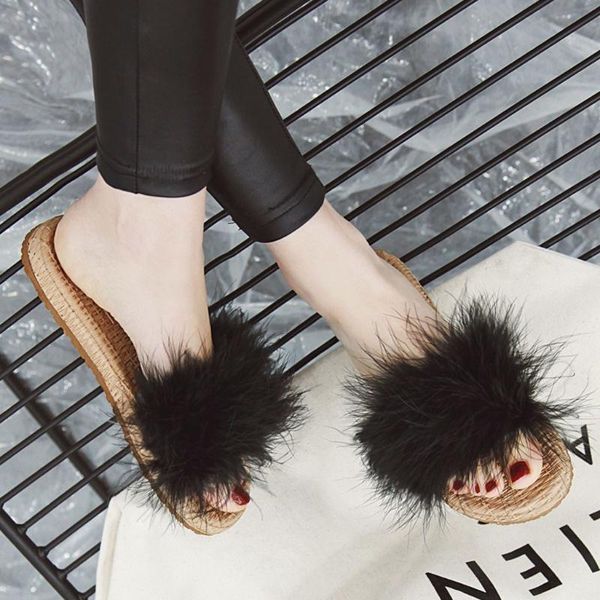 

slippers fur women real slides home furry flat sandals female cute fluffy house shoes woman 2021#n3, Black