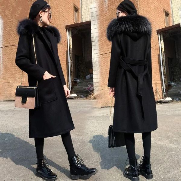

women's wool & blends 2021 autumn winter thick black jacket mid-length high-end woolen coat ladies loose student fur collar outwear fem