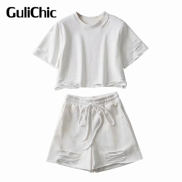 

women's tracksuits 7.20 gulichic women fashion sets o-neck hollow out crop short sleeve t-shirt and high waist loose wide-legged shorts, Gray