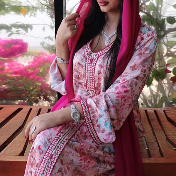 

ethnic clothing 2021 autumn women's dress casual fashion muslim style flower print long-sleeved v-neck slim straight and nude dresses, Red